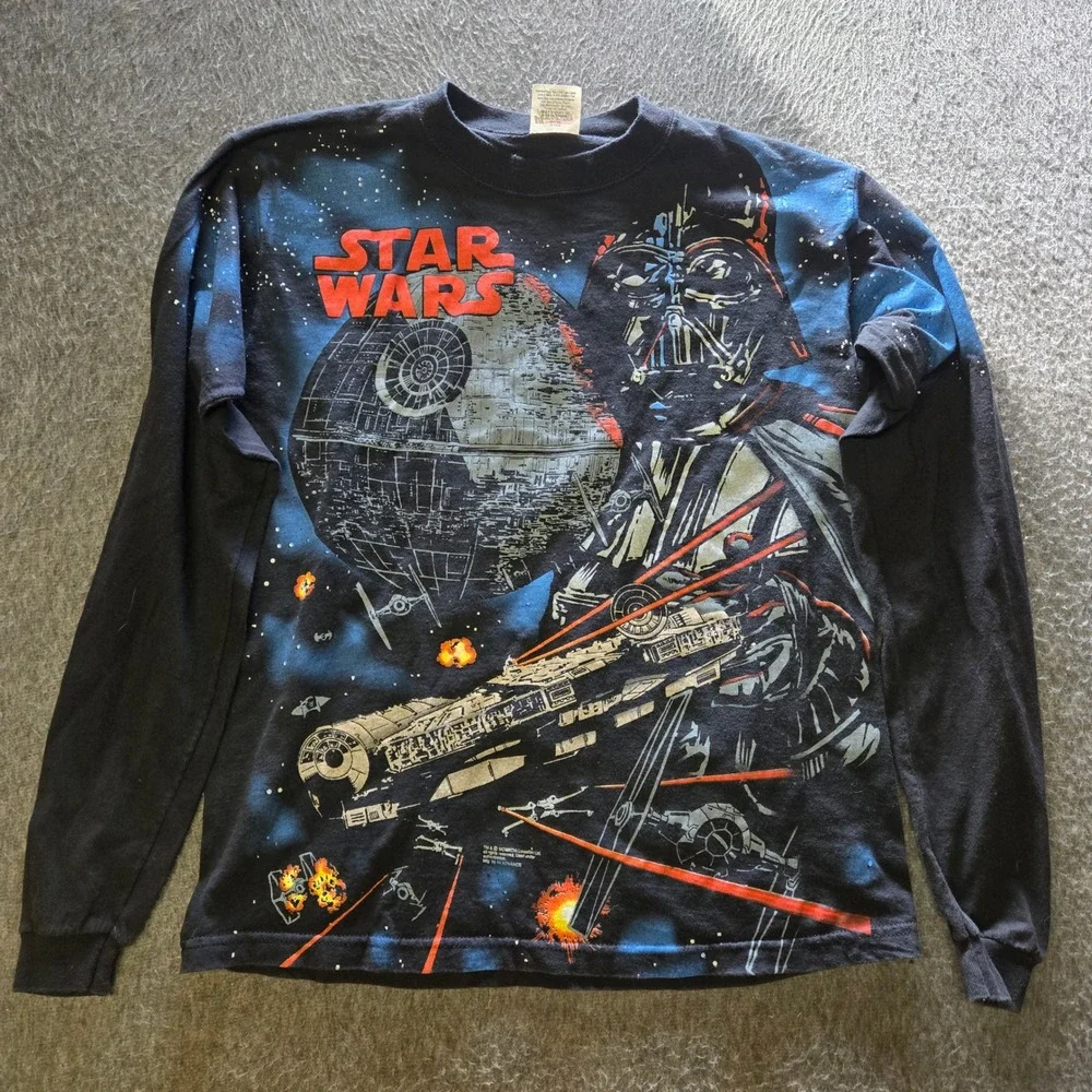 Vintage 90s Star Wars Darth Vader Death Star Long Sleeve Shirt XL (18-20) AOP